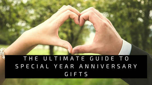 Blog post title The Ultimate Guide to Special Year Anniversary Gifts with an Image of husband and wife making a heart shape with their hands