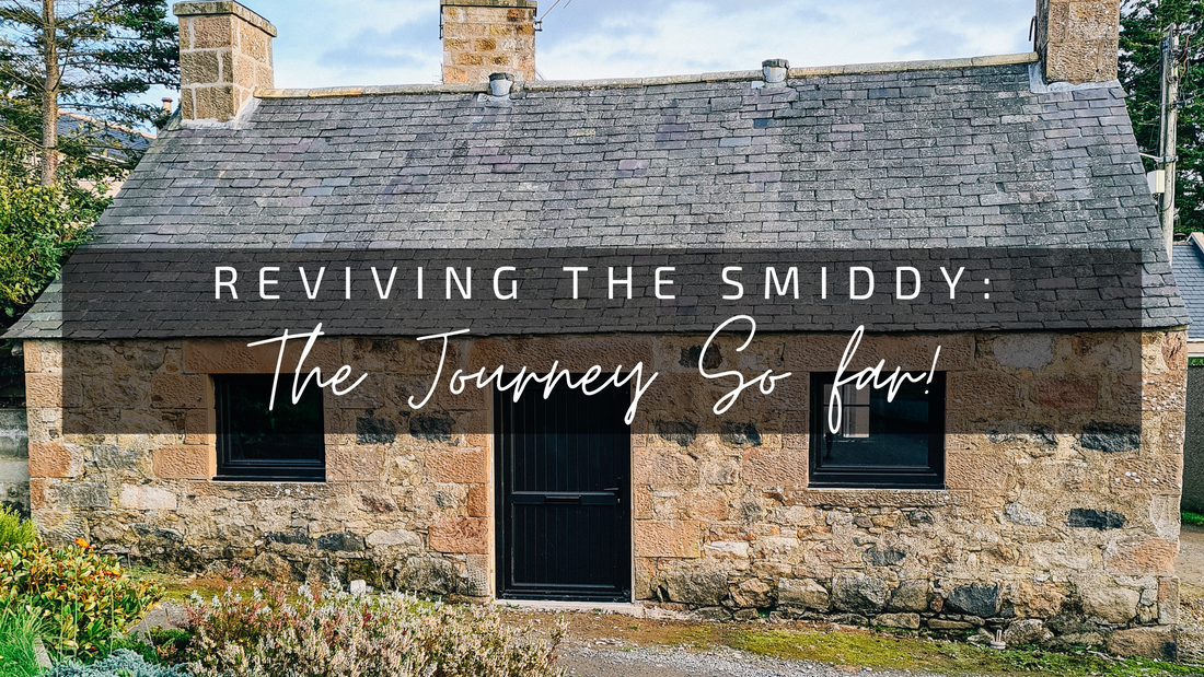 an image of a rustic old blacksmiths workshop that looks like a cottage. this is ingrained inc's workshop renovation project. the text reads reviving the smiddy the journey so far!