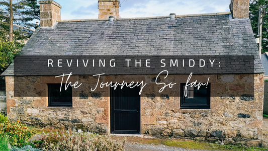 an image of a rustic old blacksmiths workshop that looks like a cottage. this is ingrained inc's workshop renovation project. the text reads reviving the smiddy the journey so far!