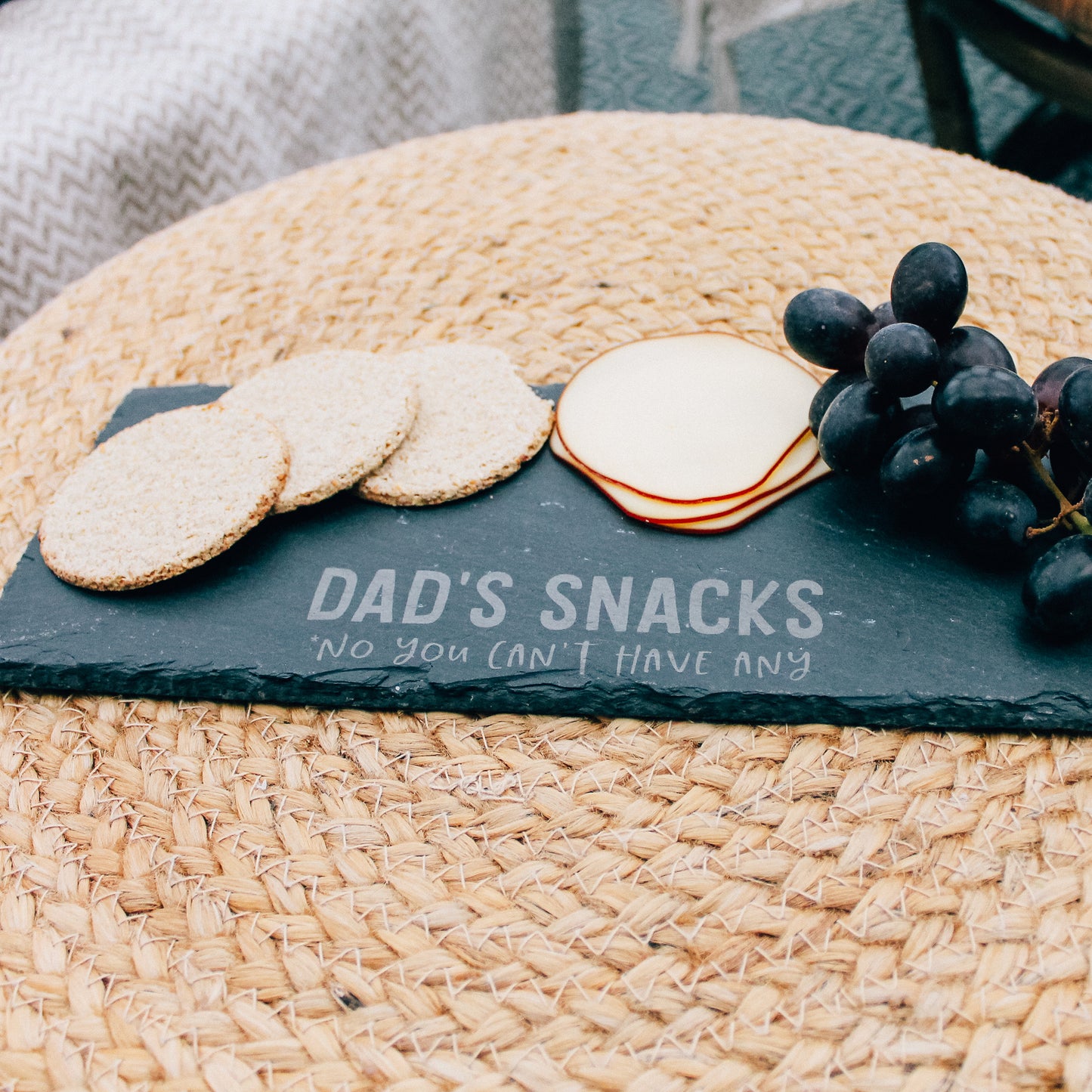 Slate snack plate / board engraved with a cheeky message "Dad's Snacks No You Can't Have Any" - ideal for Dad to display his favourite cheeses and nibbles (and deter any snack-grabbers).