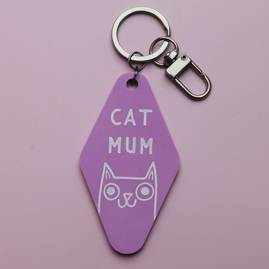 Motel Style pink keychain with 'Cat Mum' text and cat illustration on a pink background