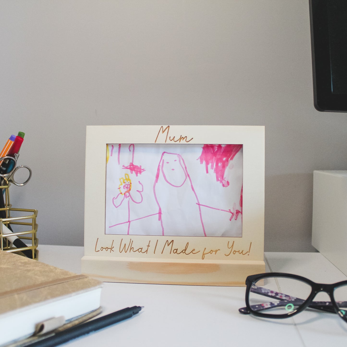 Personalised wooden kids artwork frame engraved with ‘Mum, look what I made for you!’ – a sentimental Mother’s Day gift displaying a child’s drawing