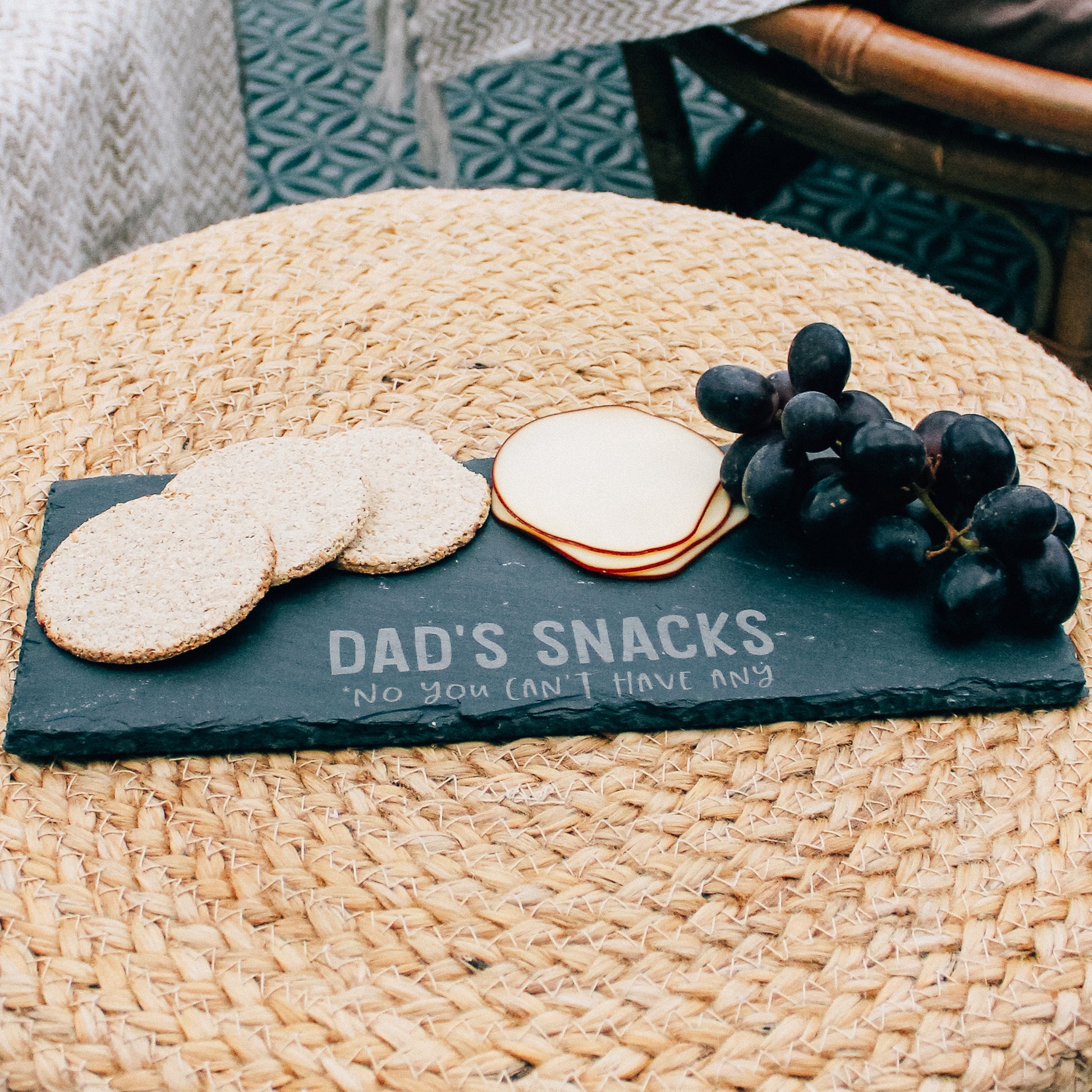 Engraved slate snack platter with "Dad's Snacks No You Can't Have Any" message, perfect for keeping his favourite cheeses and treats at hand.