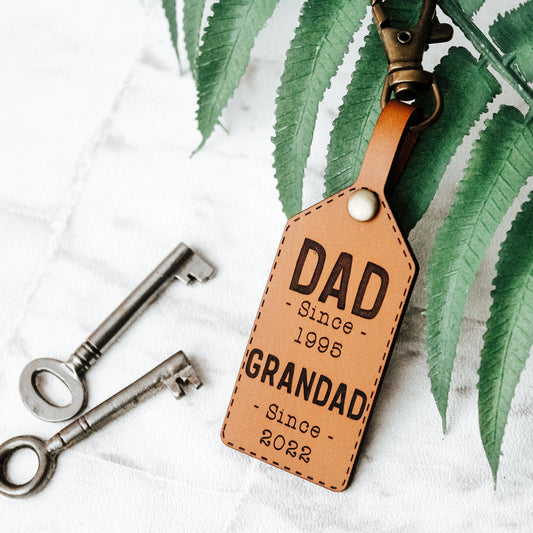 whisky colour real leather personalised keyring for grandad, engraved with custom text with the year they became and dad and grandad. Perfect gift for a first fathers day
