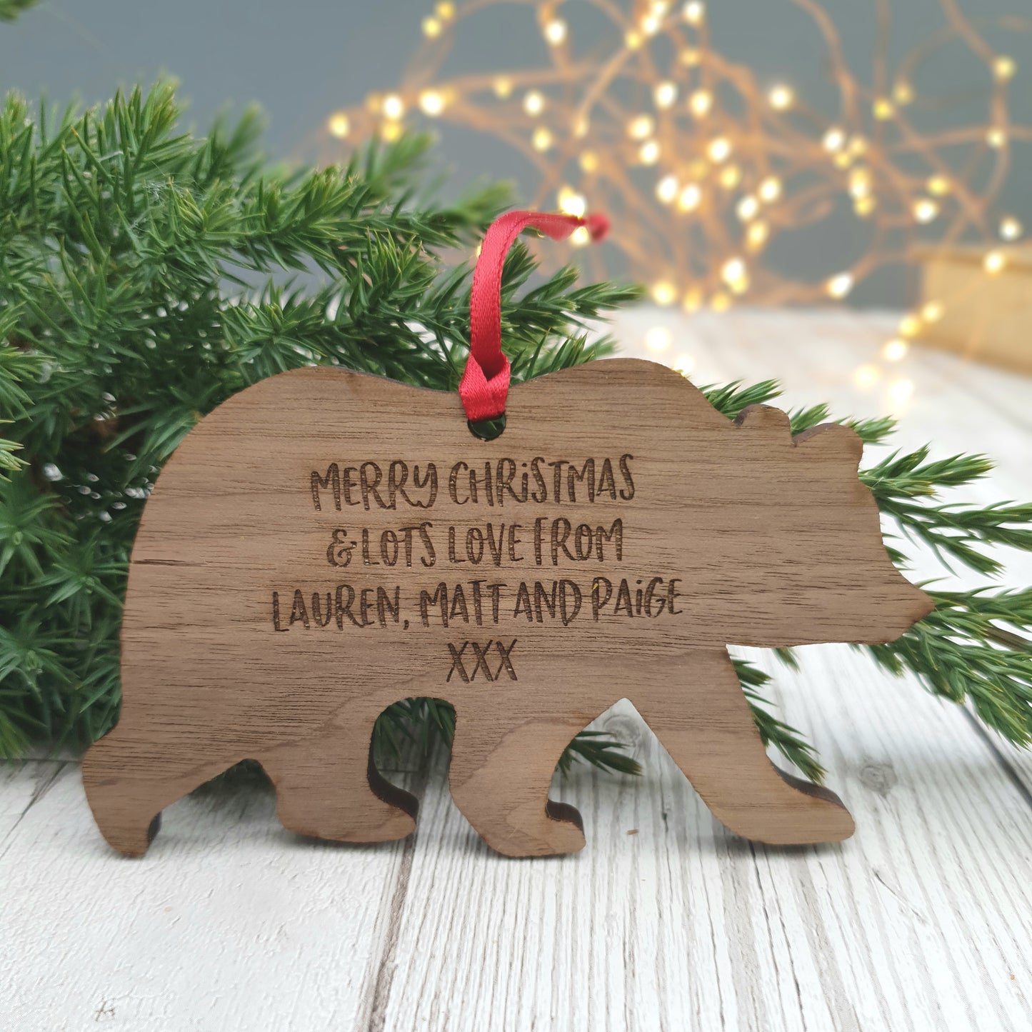 Personalised Name Bear Wooden Christmas Bauble