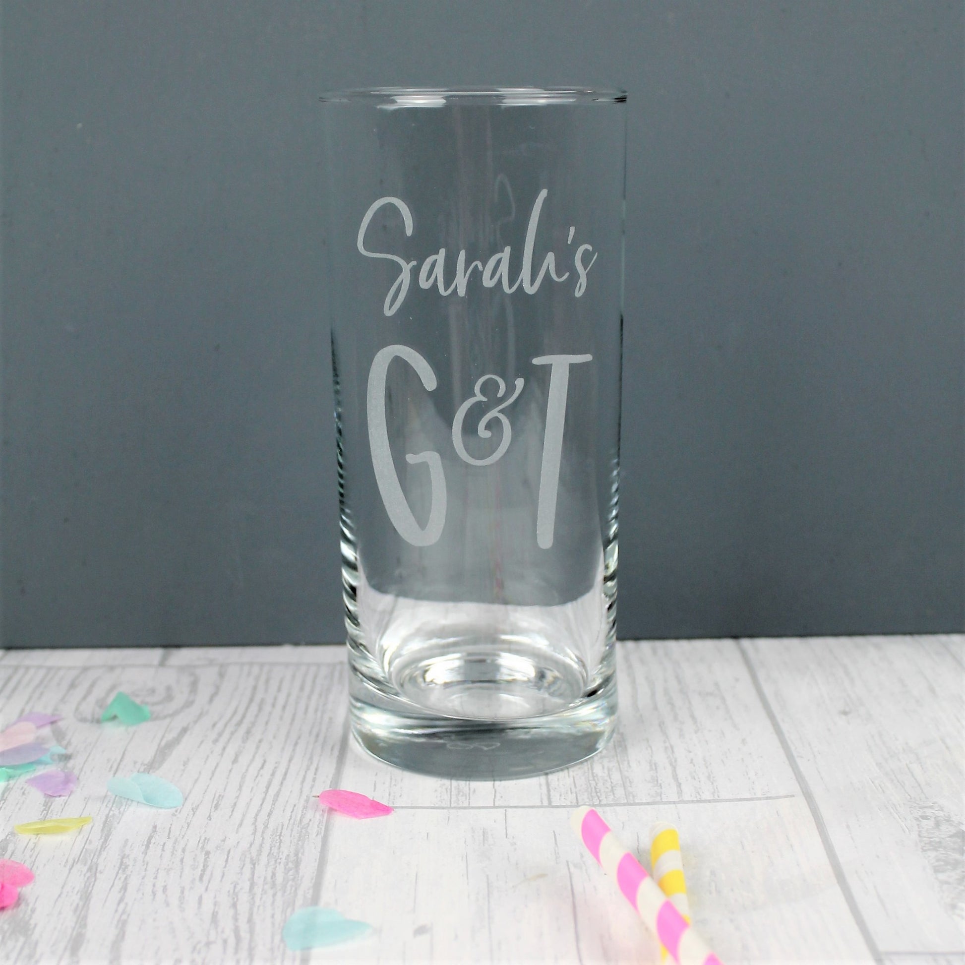 Engraved tall gin glass with personalised name and G and T etched into it