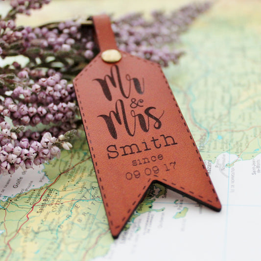 3 Year Anniversary leather luggage tag with personalised surname and wedding date engraved onto it