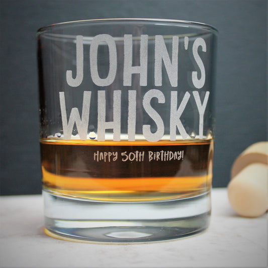 whisky tumbler glass with personalised name and whisky engraved on it