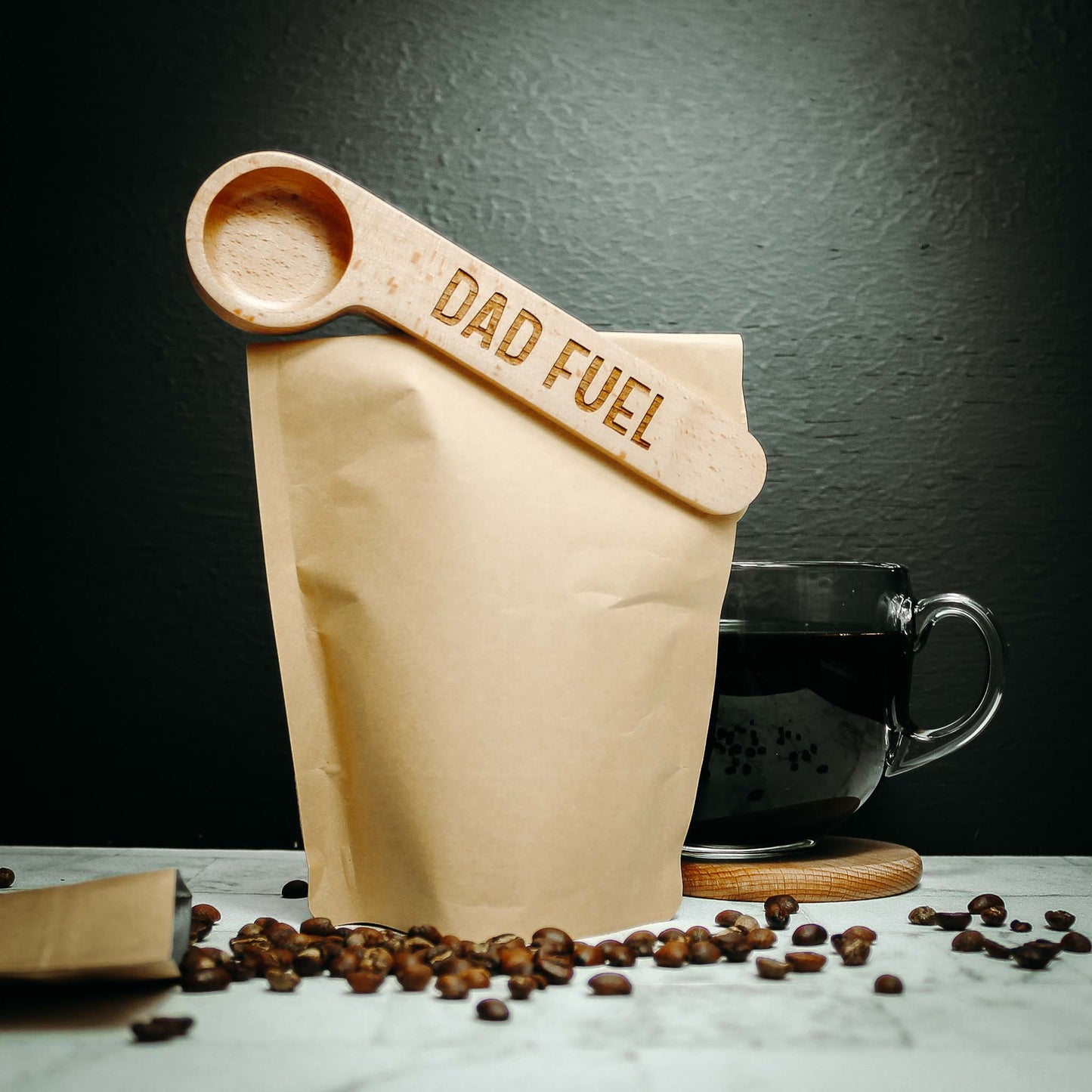 Dad fuel personalised wooden coffee spoon and clip engraved with your own custom text