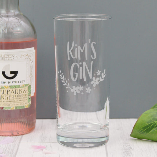 Tall gin glass engraved with the personalised text of your choice, with added floral design elements