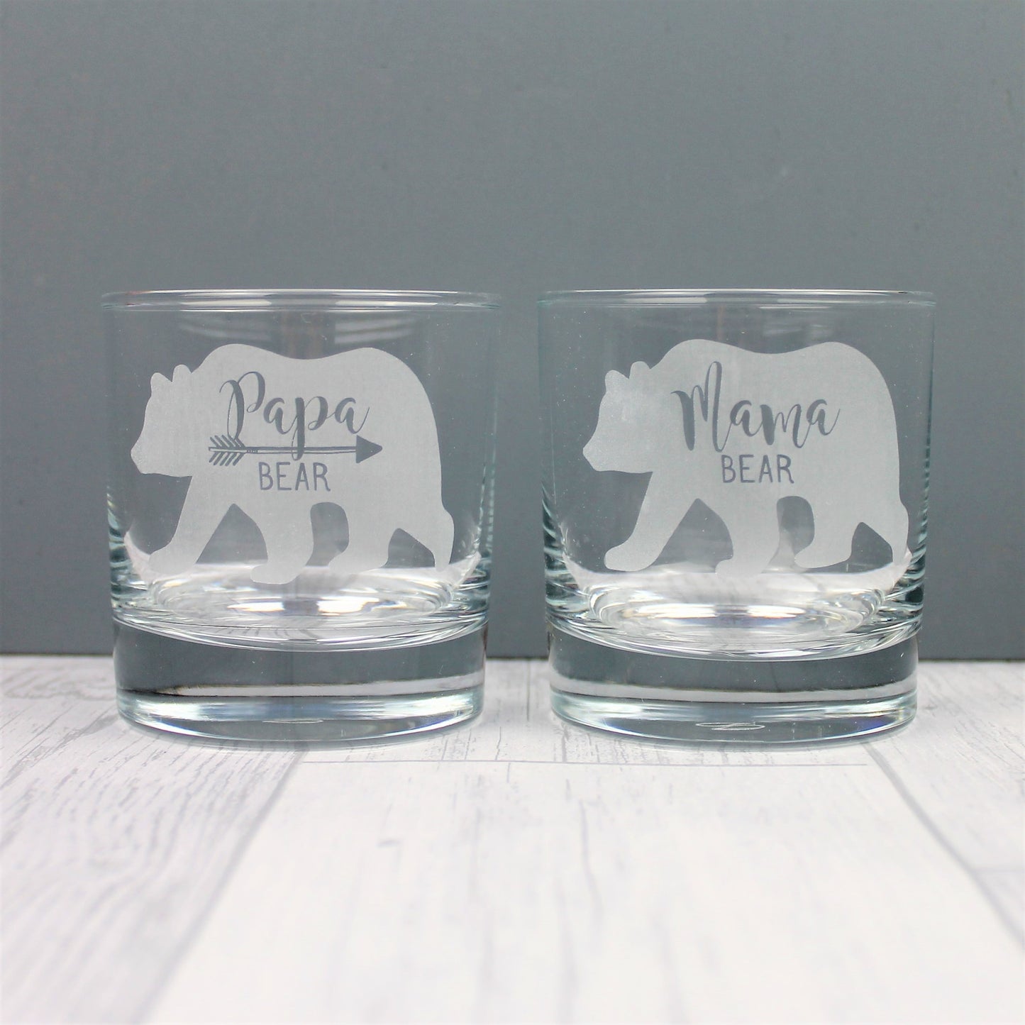 Mama and Papa bear engraved whisky glass duo