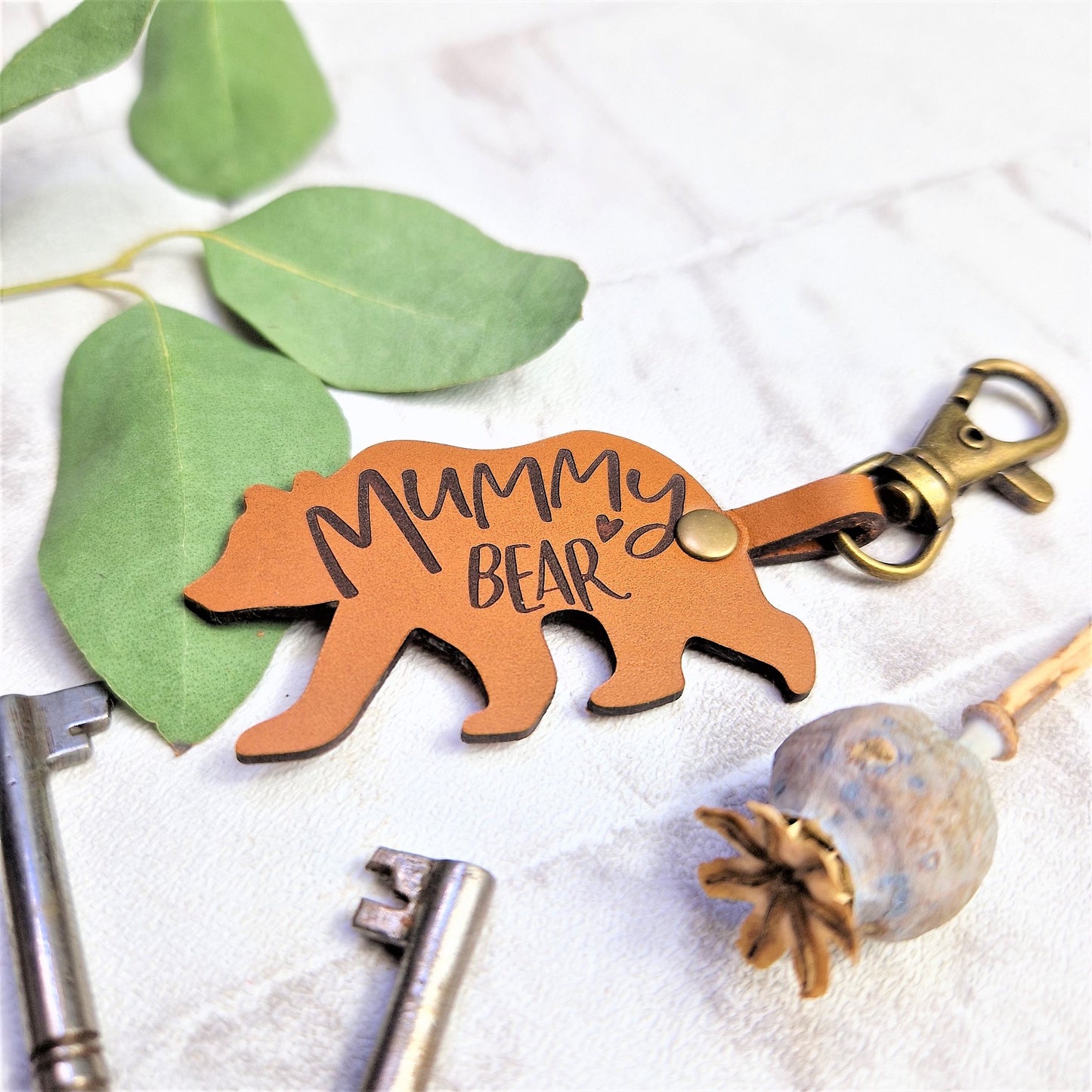 Mummy Bear Leather Keyring