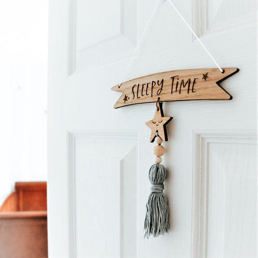 sleepy time cute wooden nursery sign with tassel