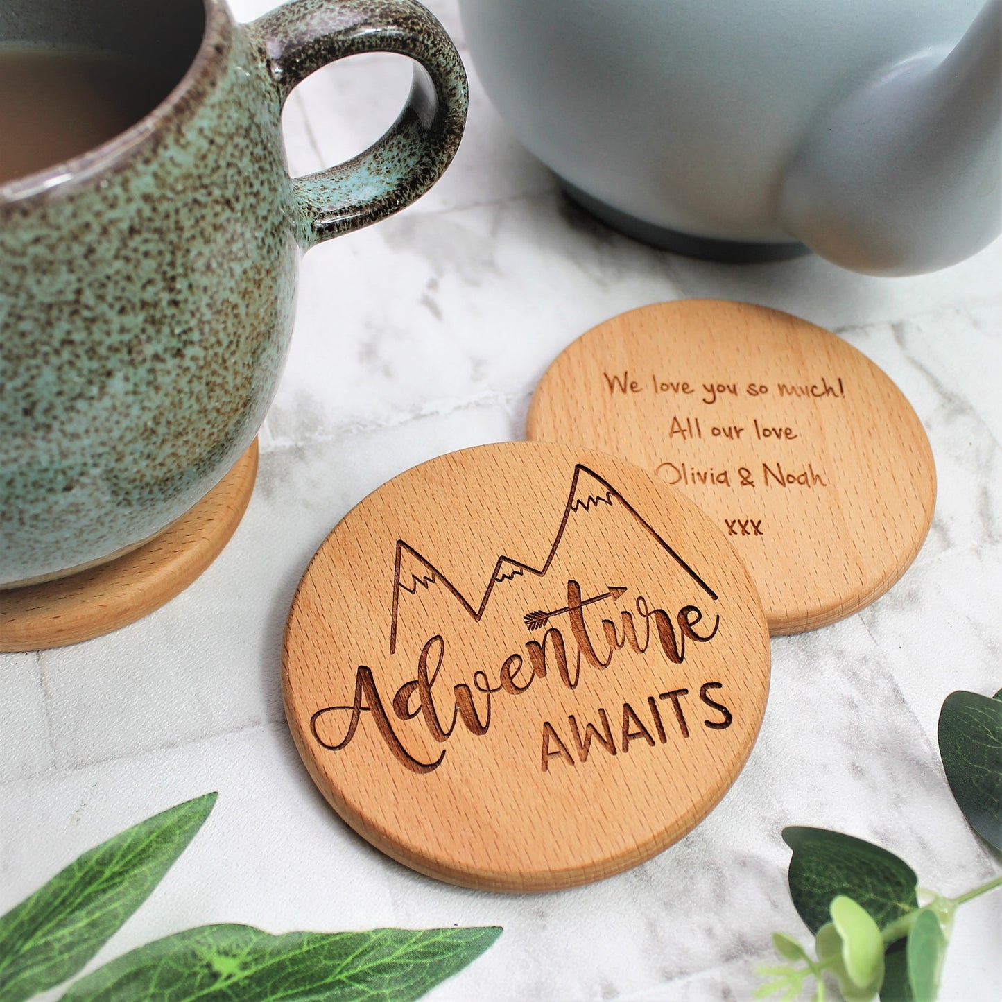 round wooden engraved adventure awaits coaster