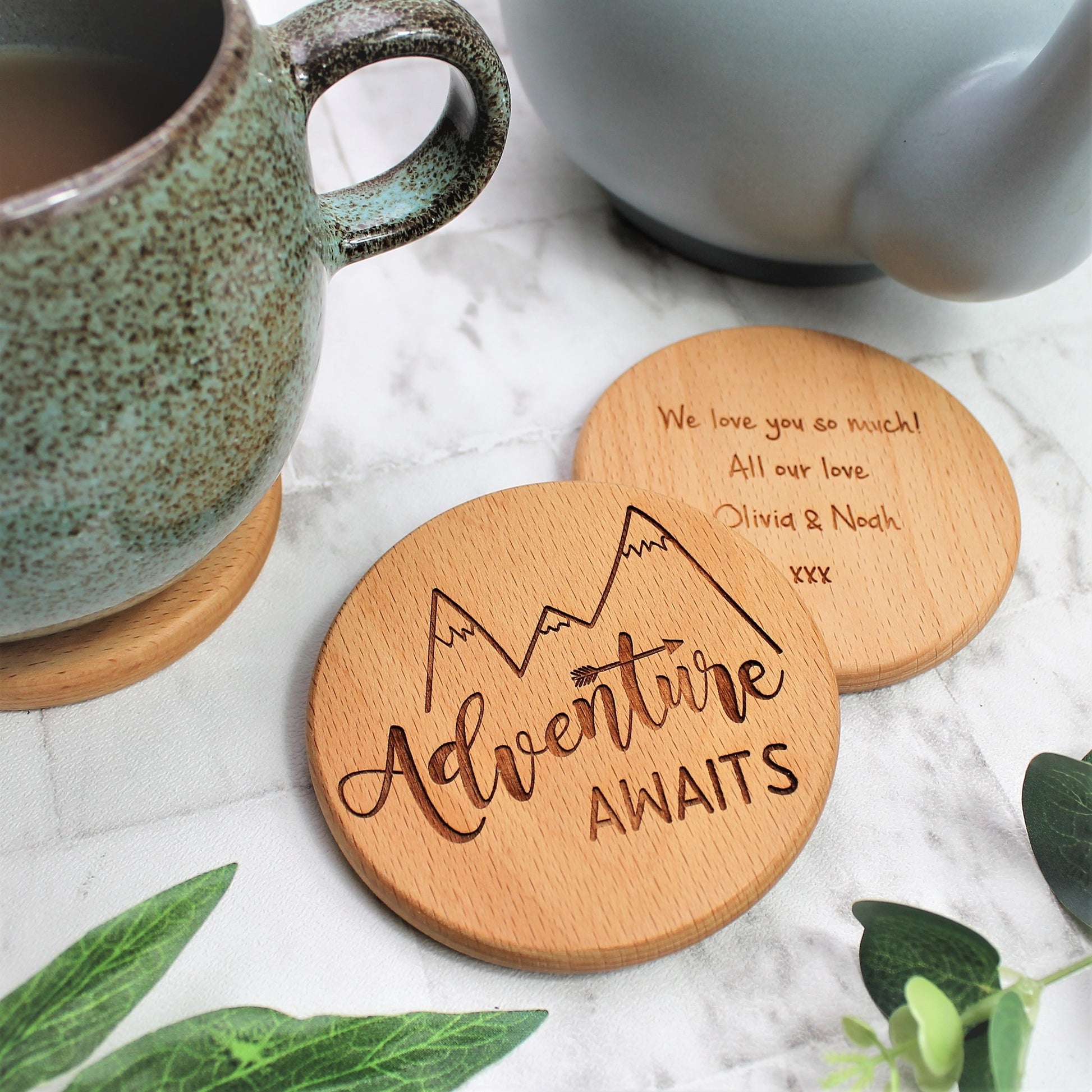 round wooden engraved adventure awaits coaster