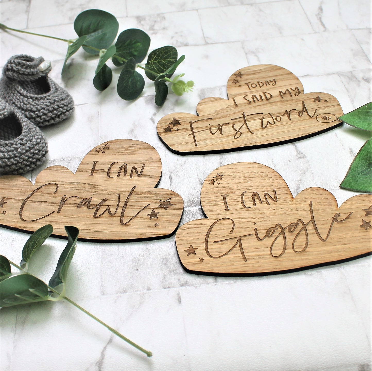 Today I said my first word, engraved cloud design baby milestone card