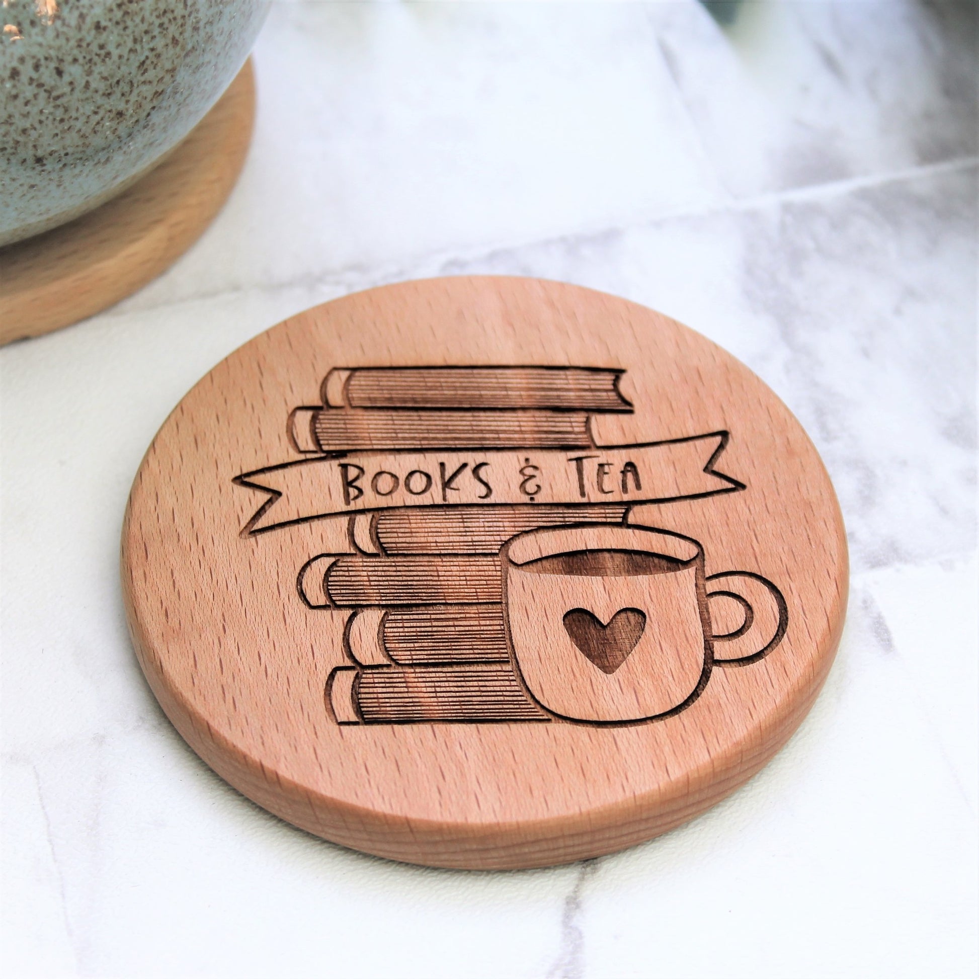 books and tea engraved wooden round coaster for bookworm