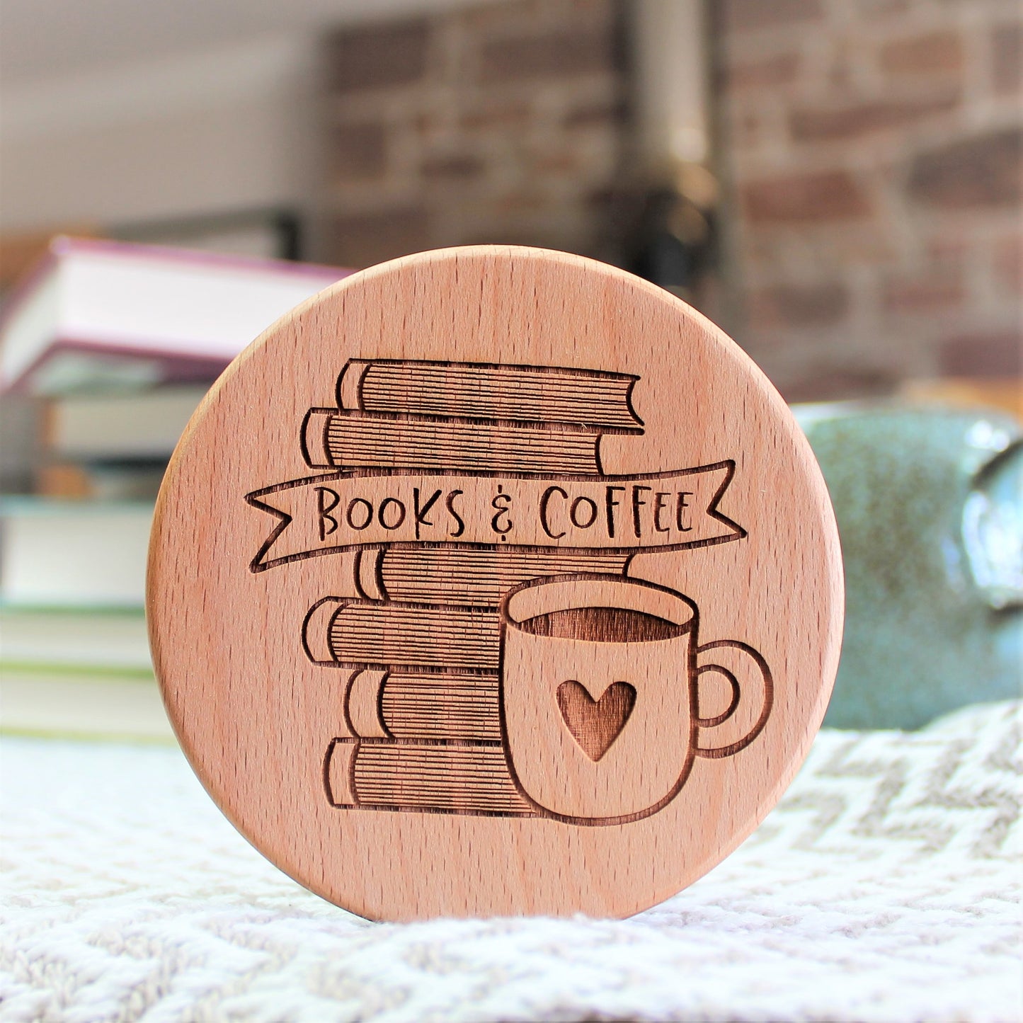 wooden coaster for coffee lover bookworm