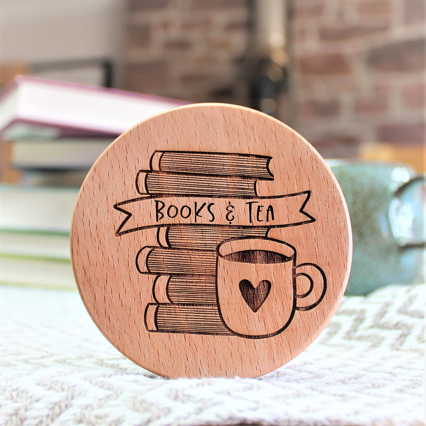 wooden engraved coaster for book and tea lover