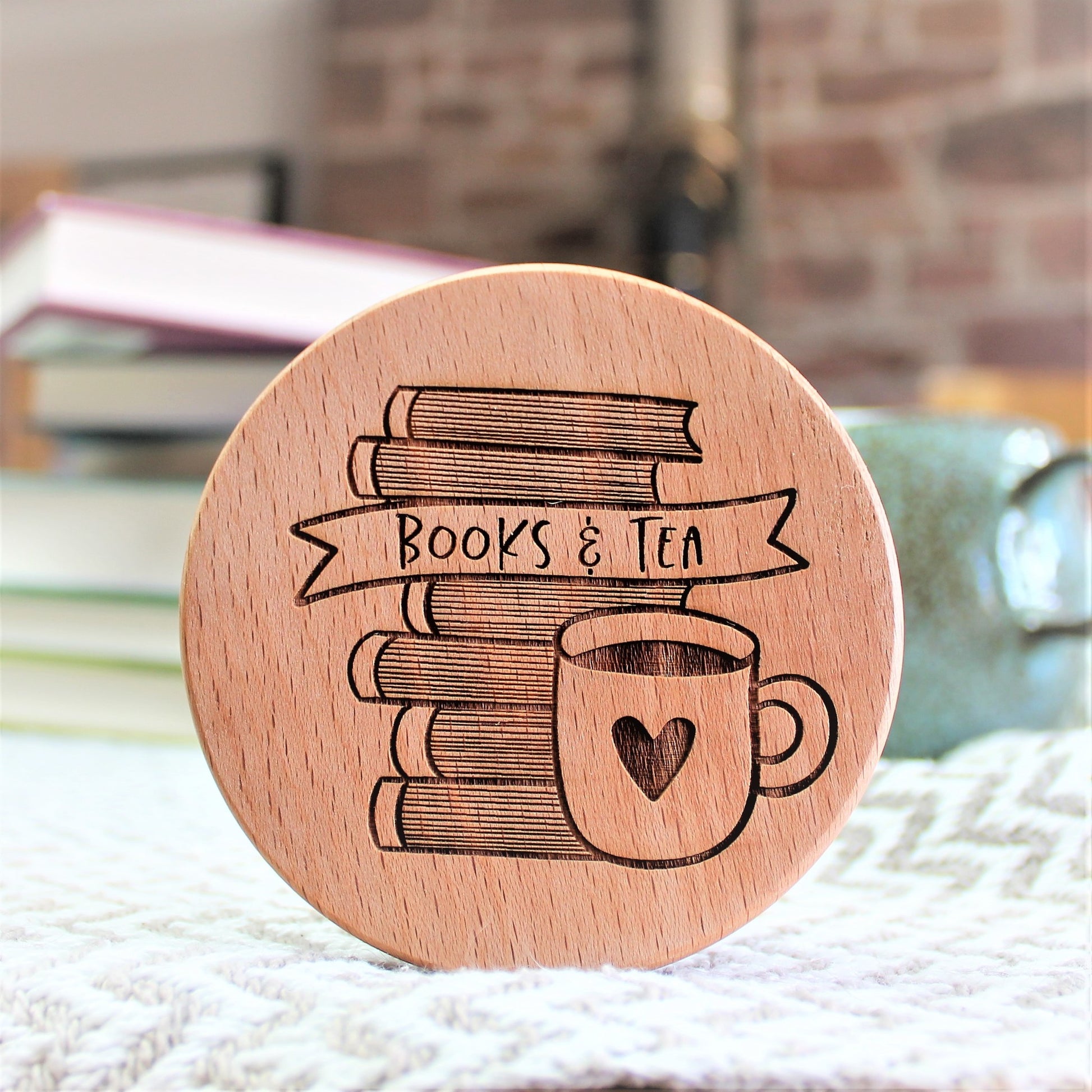 wooden engraved coaster for book and tea lover
