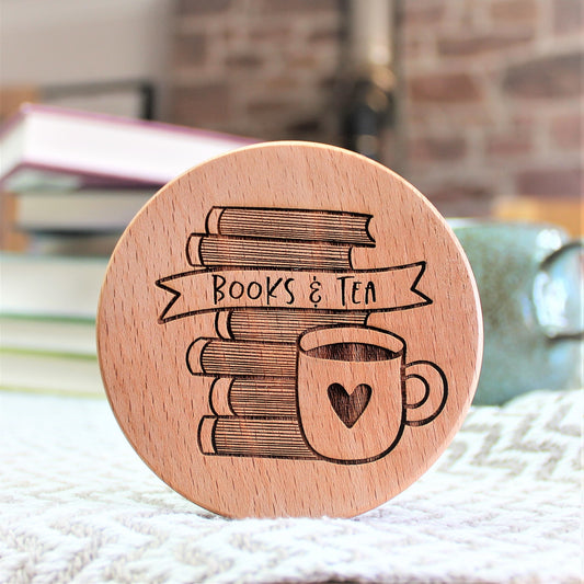 wooden engraved coaster for book and tea lover
