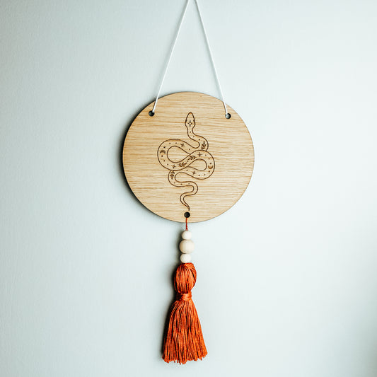 Boho Celestial Snake Round Wooden Sign With Tassel