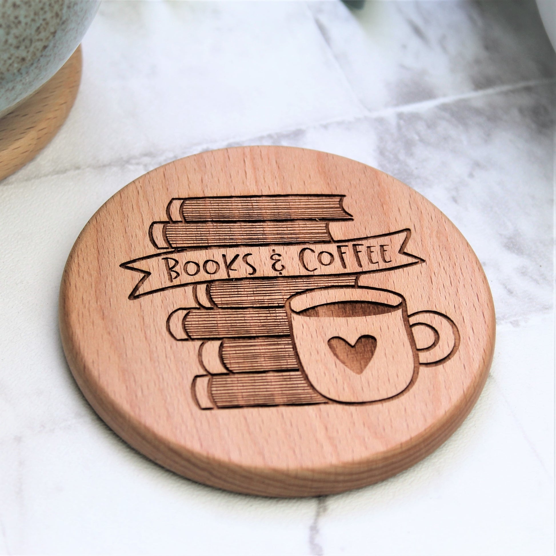 books and coffee coaster wooden engraved