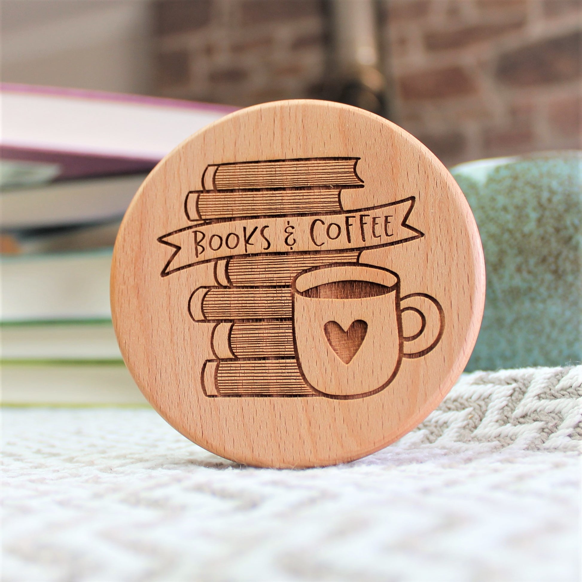 Books and coffee wooden engraved coaster
