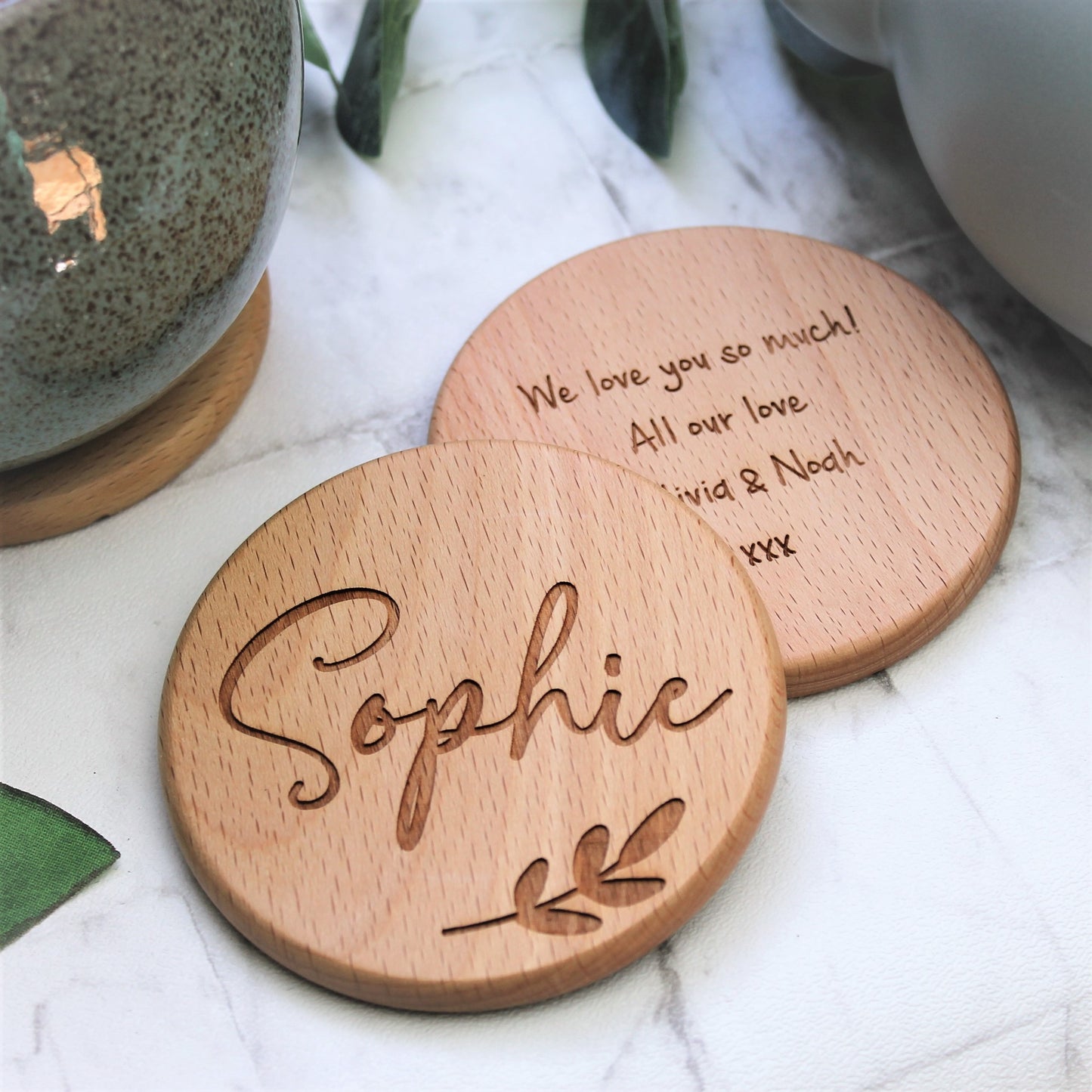 wooden coaster engraved with name