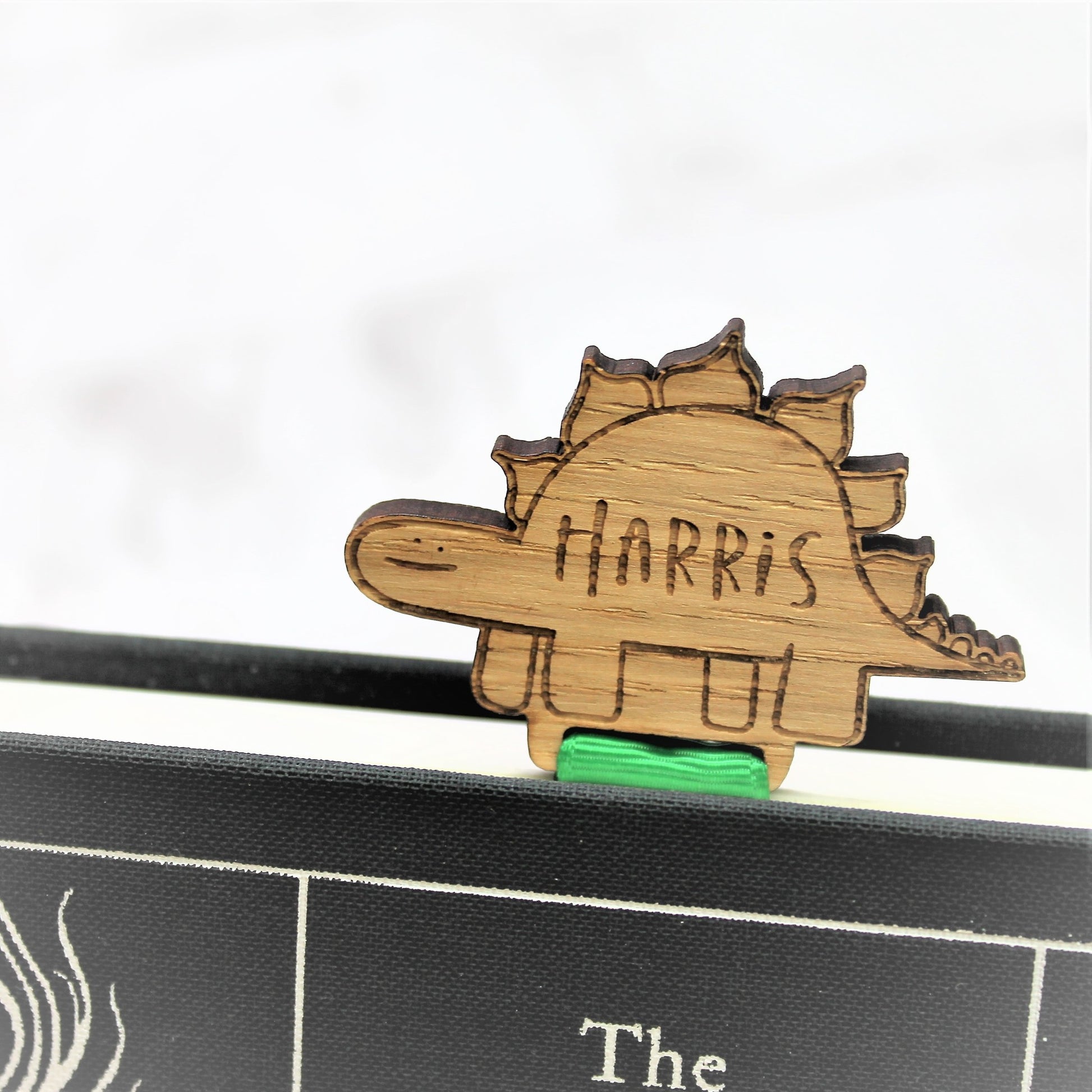 dinosaur personalised bookmark with green ribbon