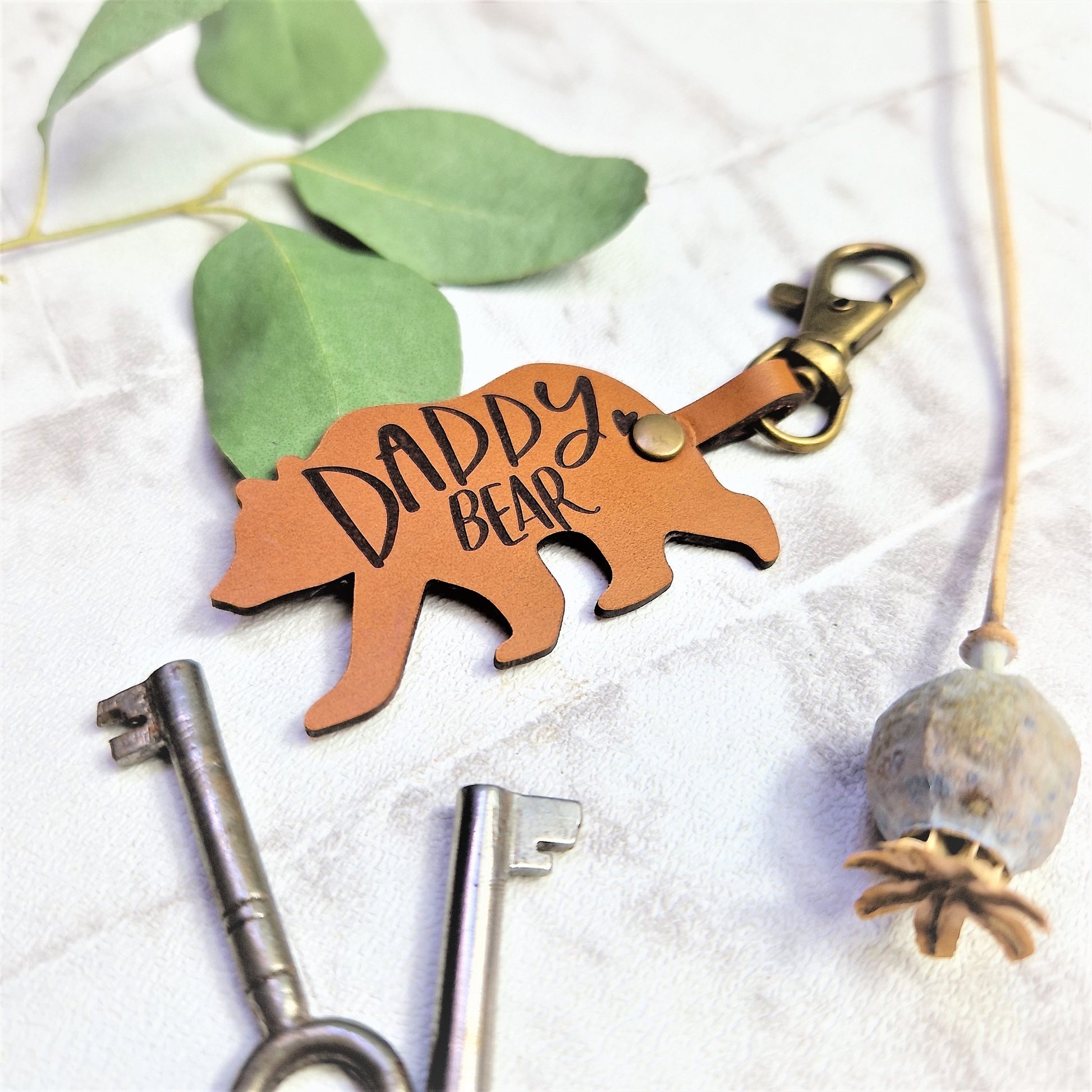 genuine leather daddy bear keyring rustic bronze clasp