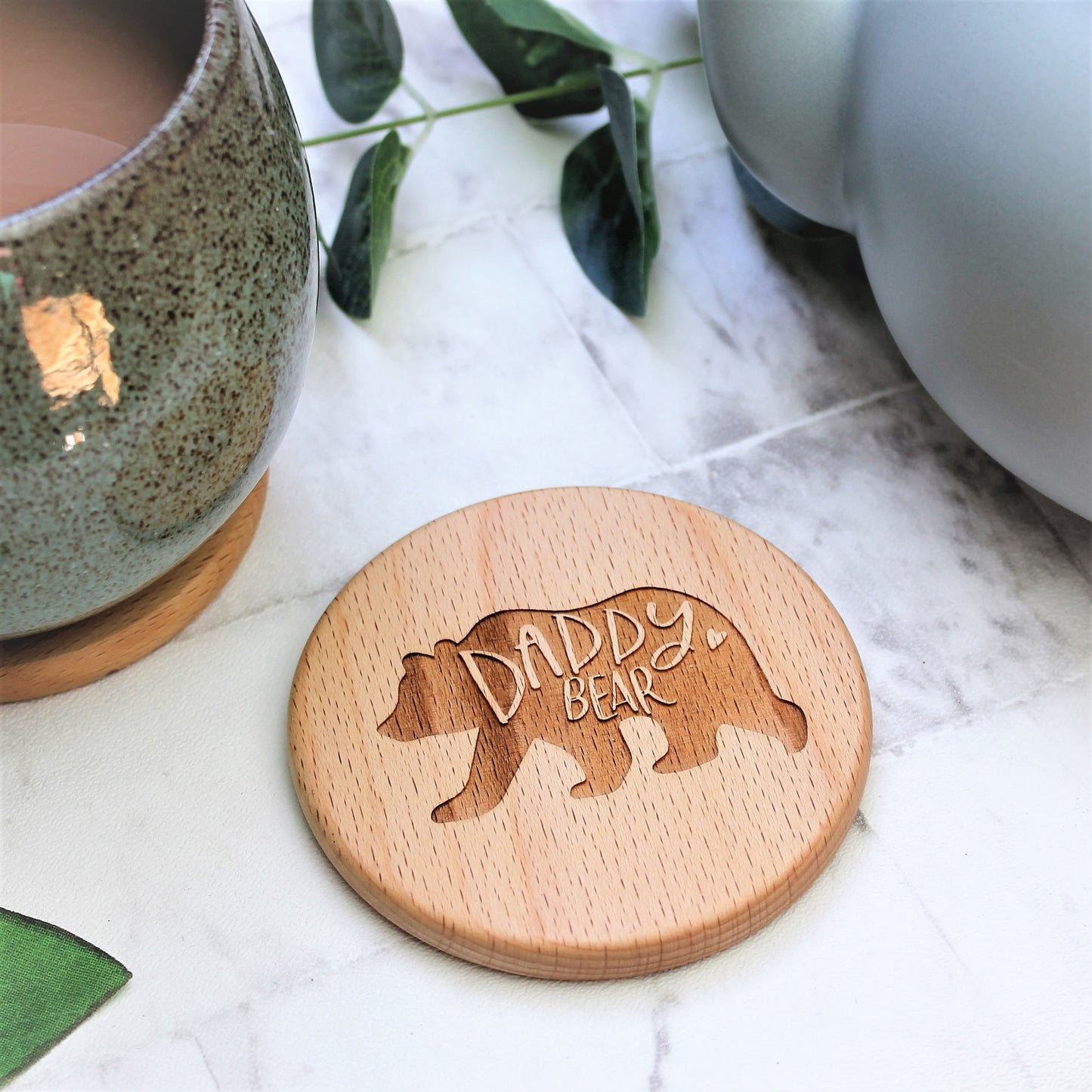 round wooden engraved coaster with daddy bear design