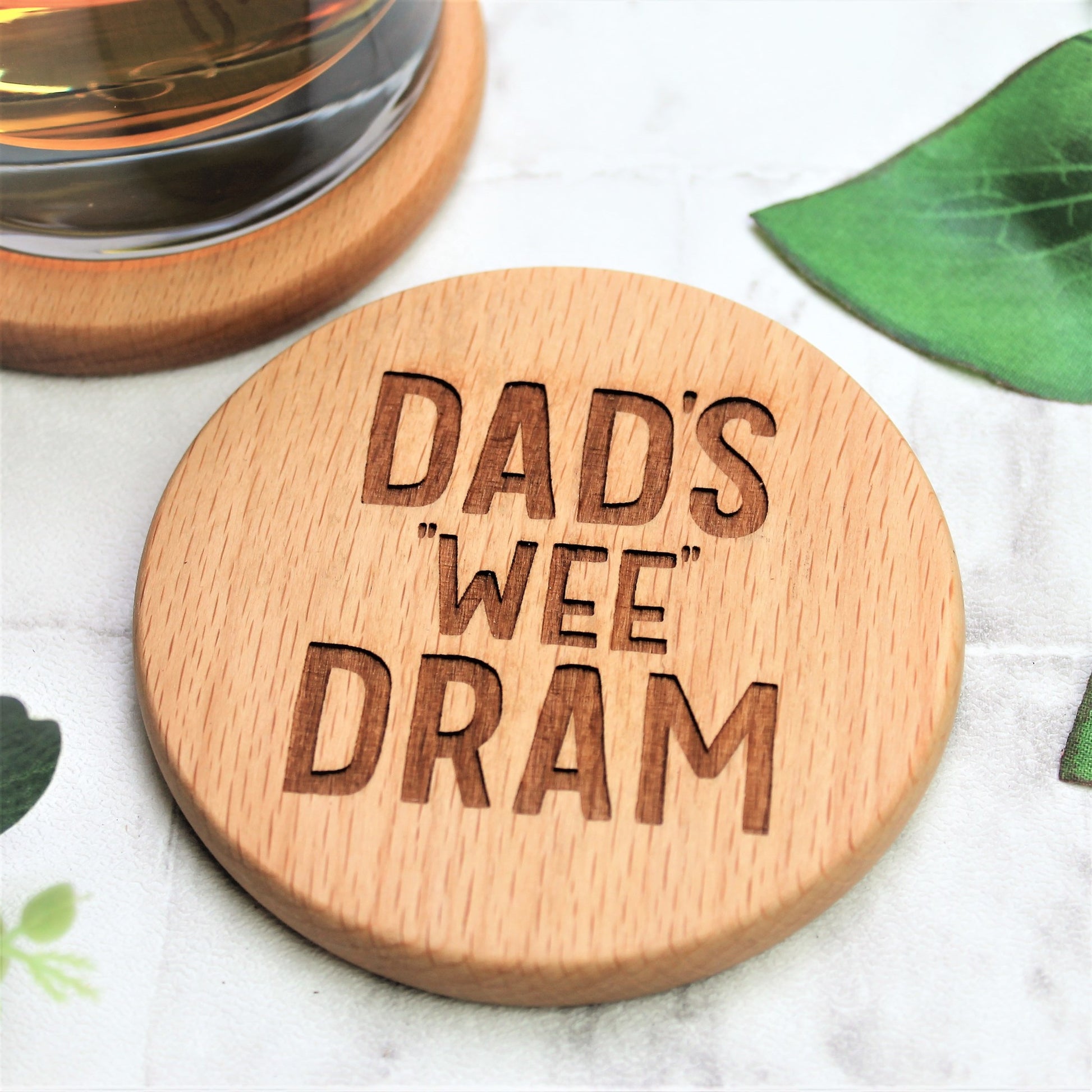 dad's wee dram personalised engraved round wooden coaster
