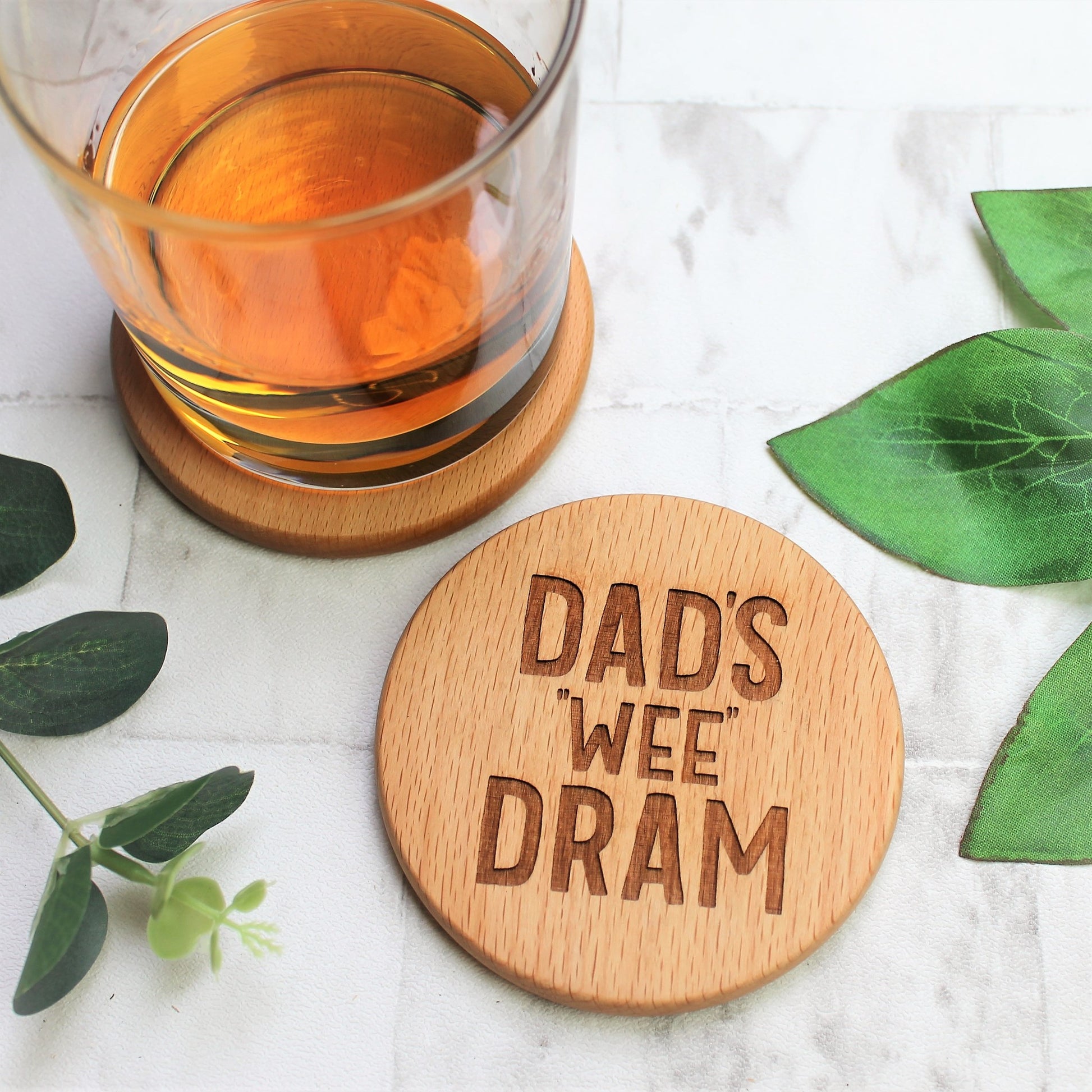 dads wee dram, custom engraved wooden round coaster for fathers day