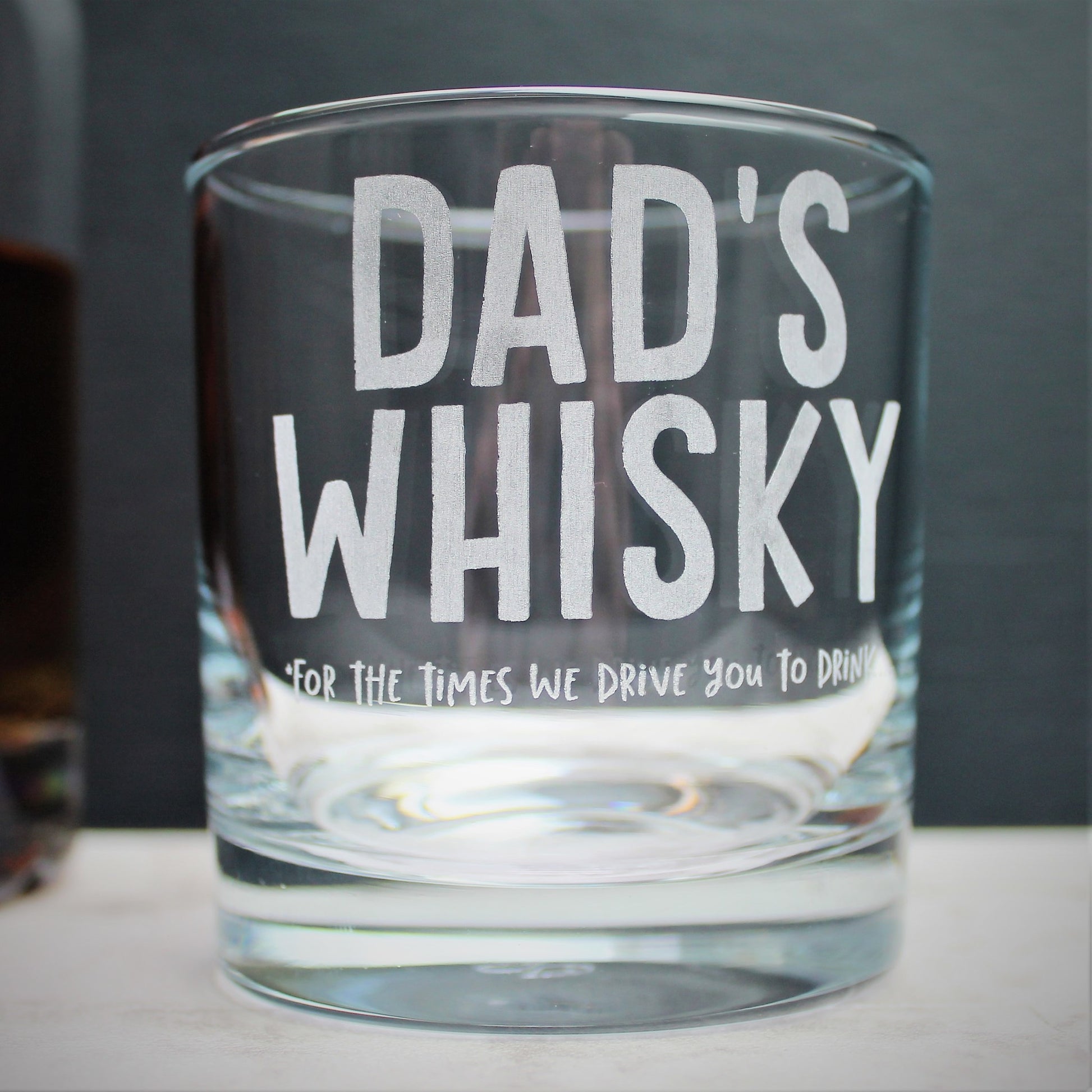 Engraved whisky glass tumbler with phrase dads whisky design