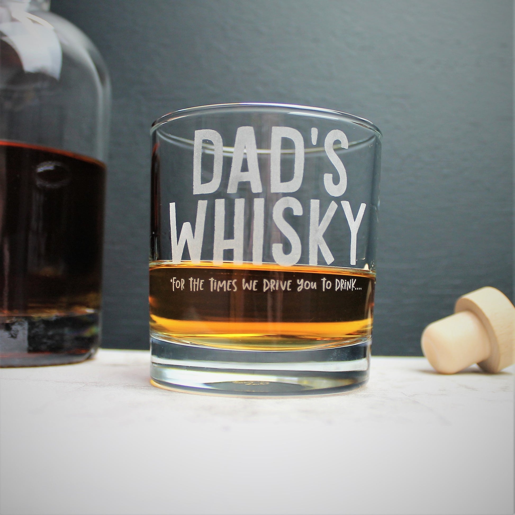 engraved glass tumbler engraved with the text dad's whisky - perfect for fathers day