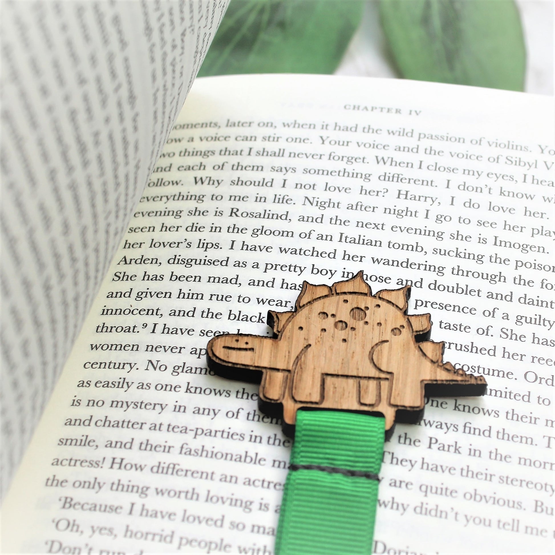 wooden dinosaur bookmark for boys with green ribbon