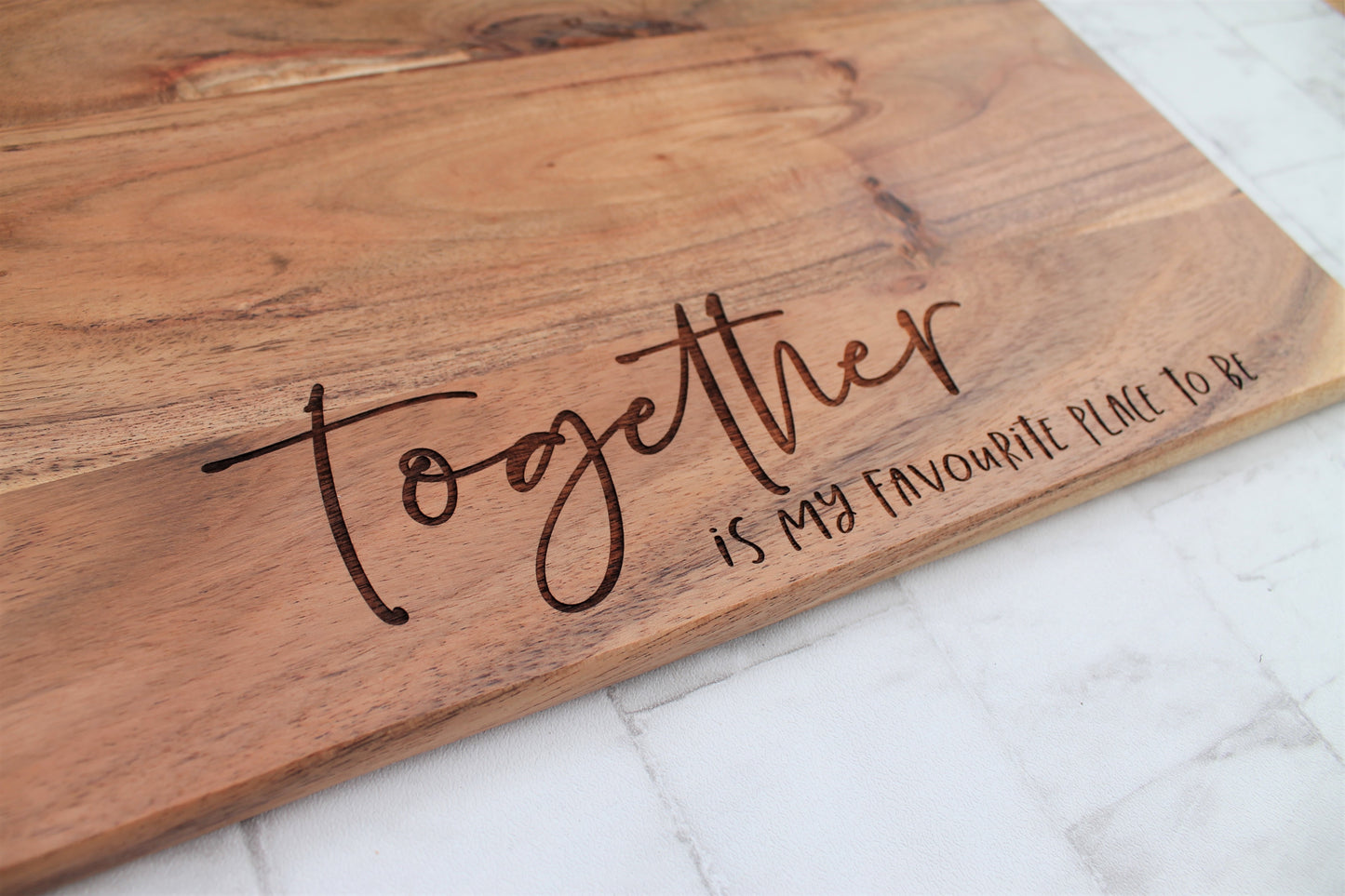 Wooden chopping board for mothers day, engraved with the phrase together is my favourite place to be