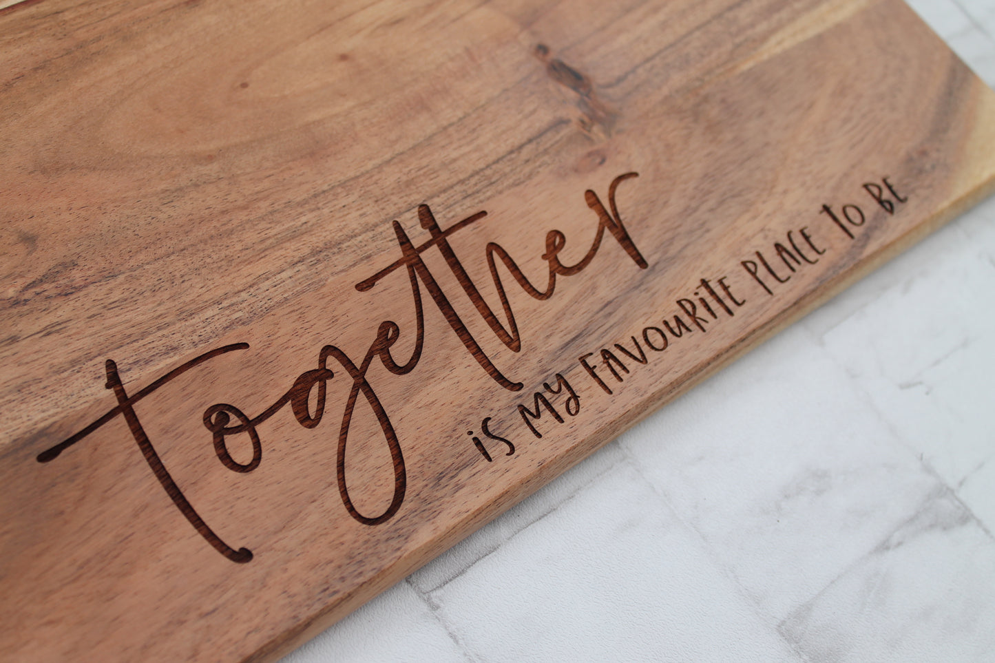 Cheese board engraved with the phrse together is my favourite place to be ideal gift for a family