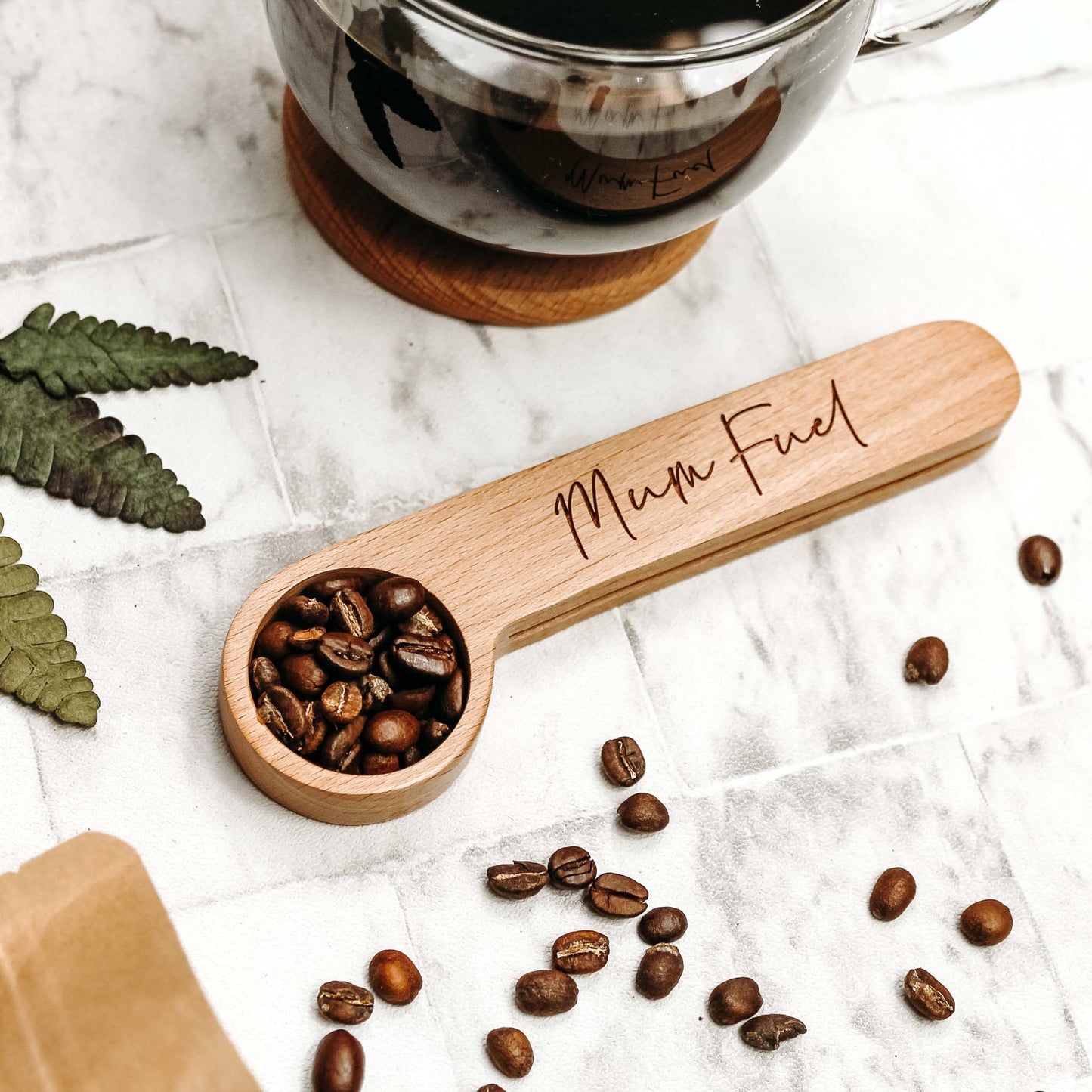 wooden coffee clip and spoon for coffee loving mum engraved with words of choice 