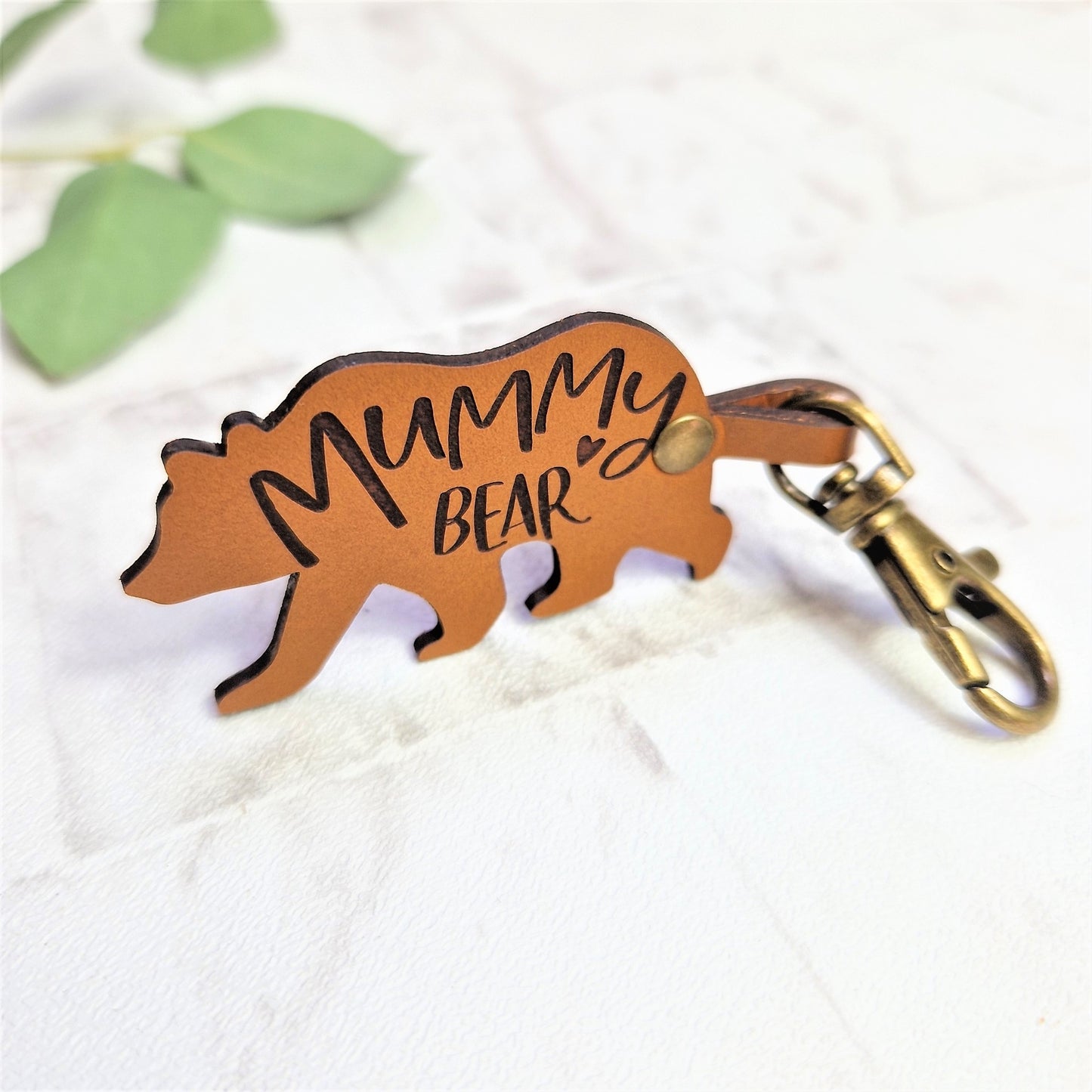 Mummy Bear Leather Keyring