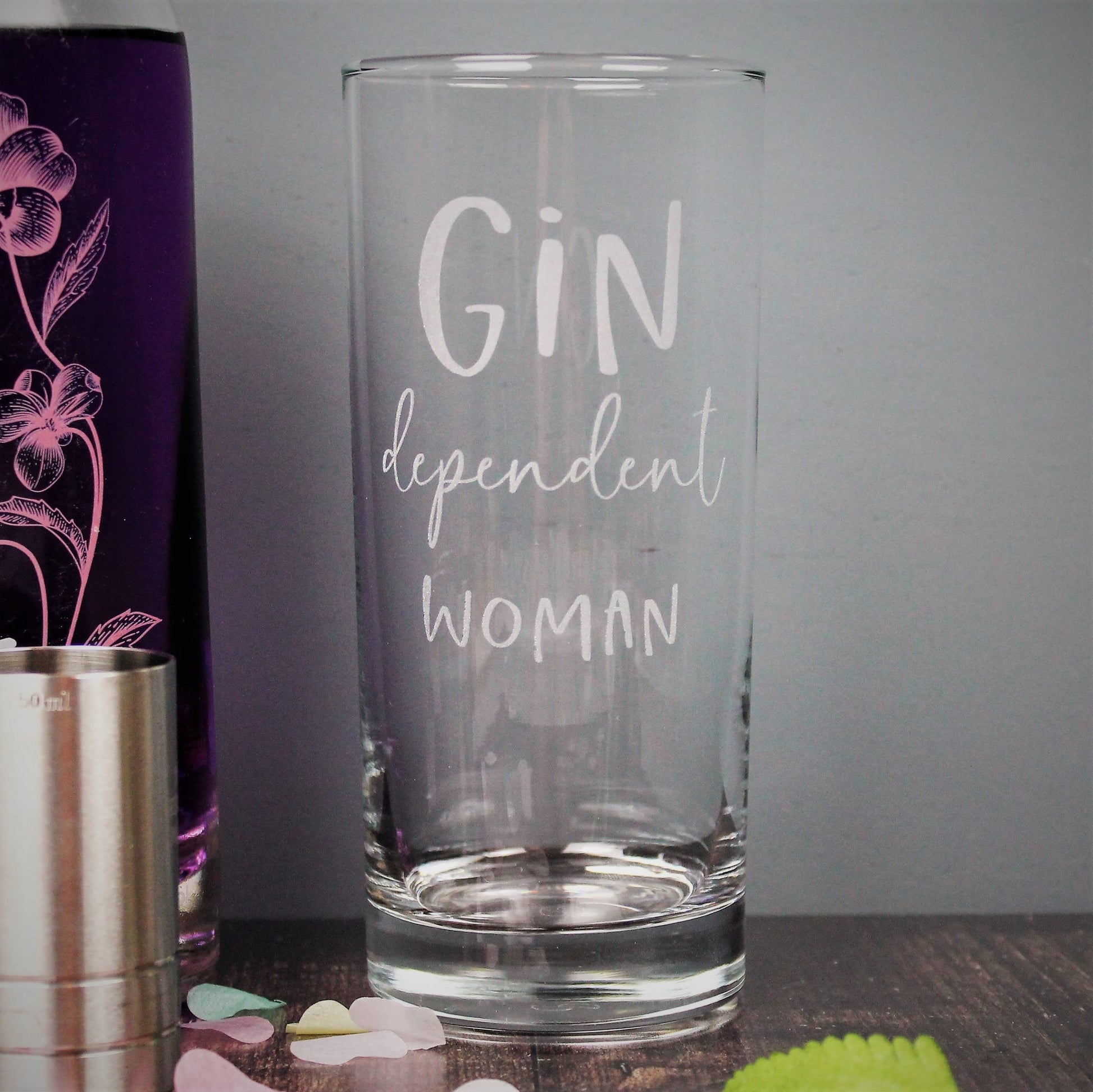 Gin lovers glass engraved with the phrase gin dependent woman. an ideal birthday gift for her
