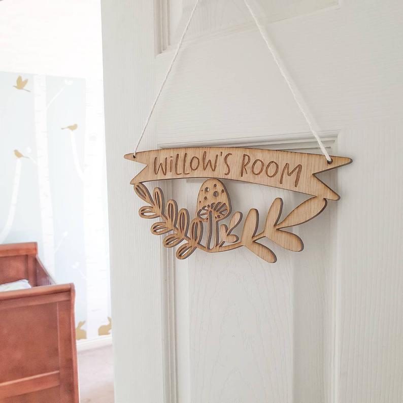 Personalised Woodland Mushroom Kids Name Sign For Nursery