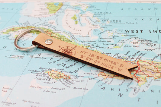 Custom Coordinate Leather Keyring - Longitude Latitude GPS