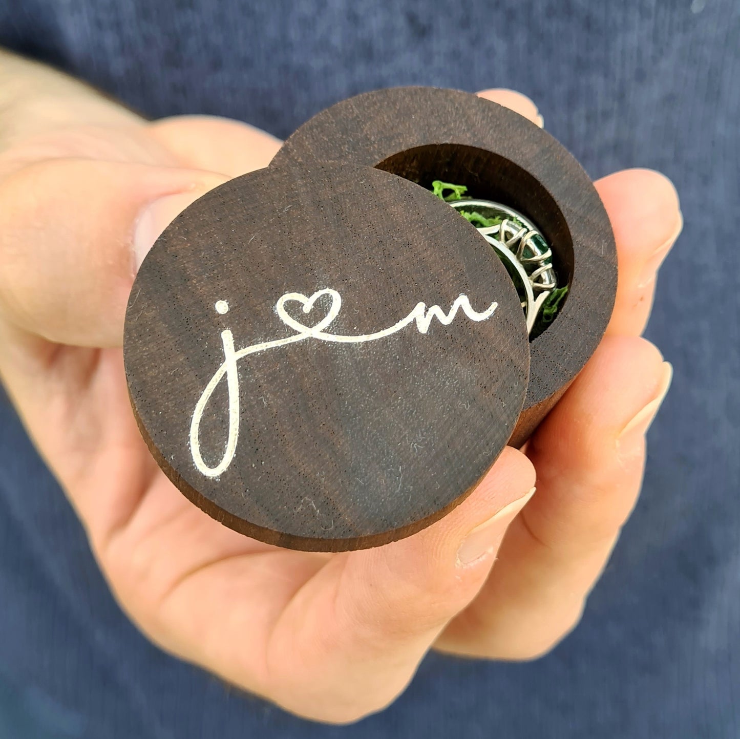 wooden walnut ring box with personalised joining initials, ideal for engagement