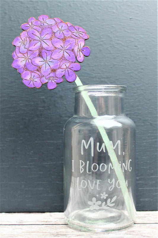 mothers day etched vase with wooden painted flower