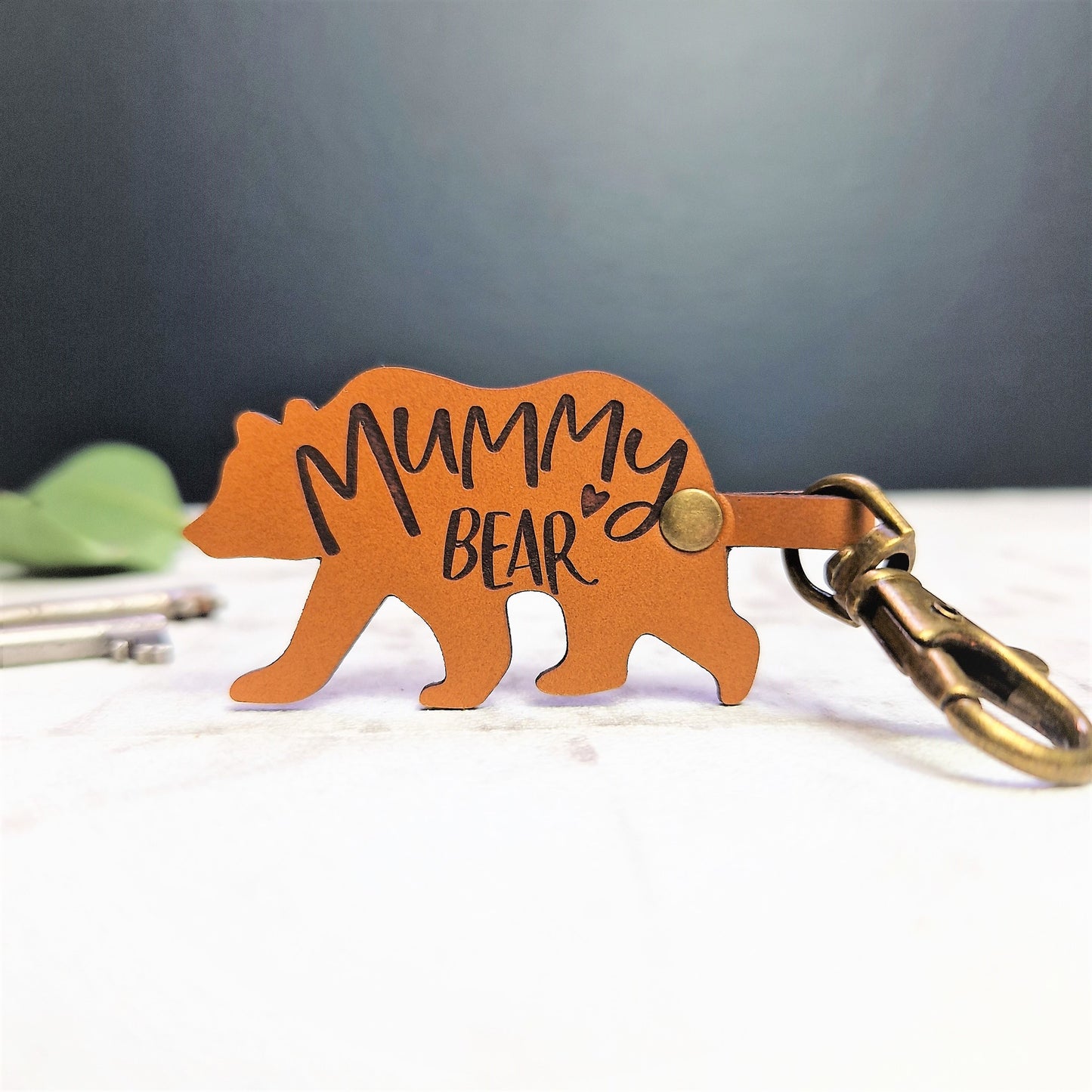 Mummy Bear Leather Keyring