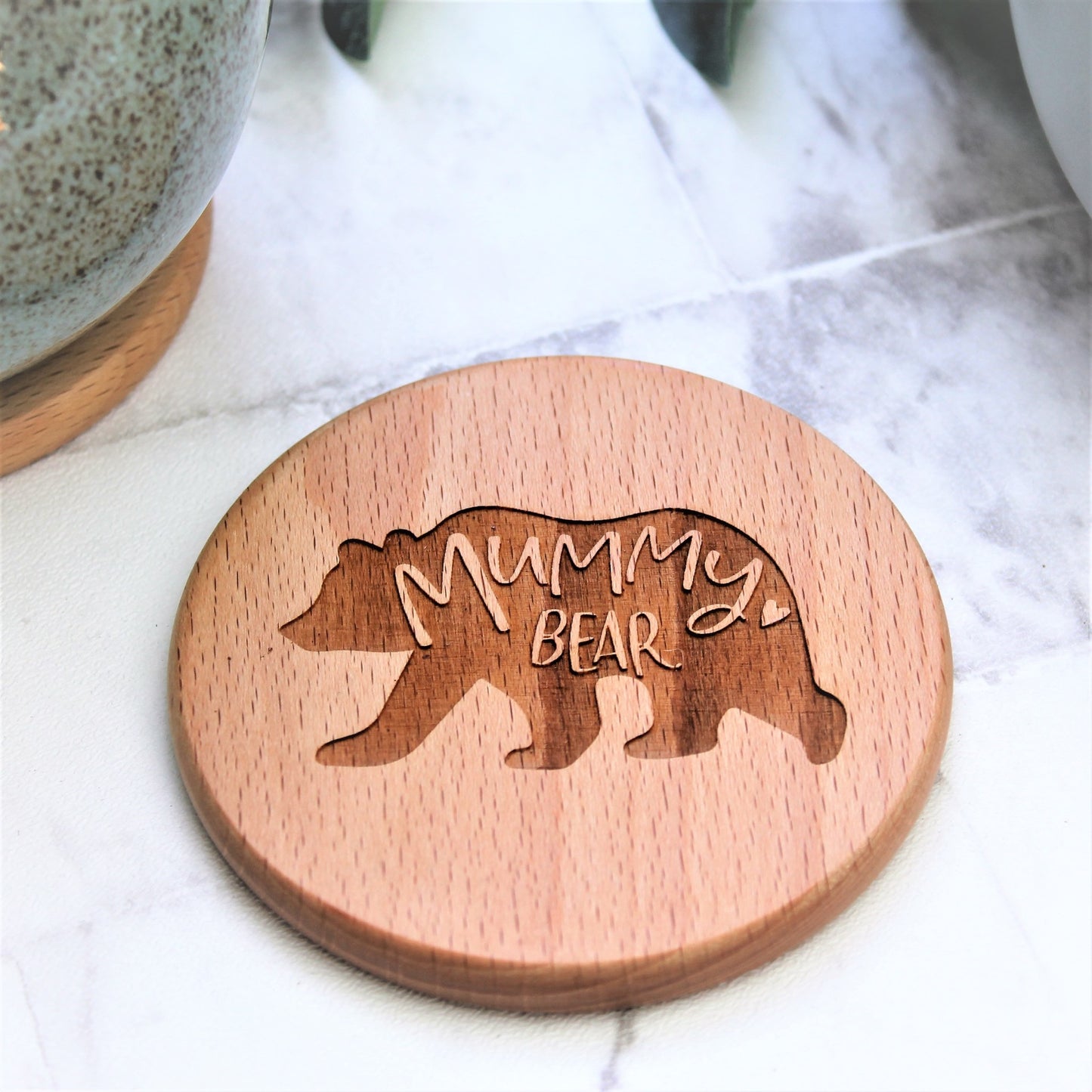 Mummy bear engraved wooden round coaster perfect for mothers day