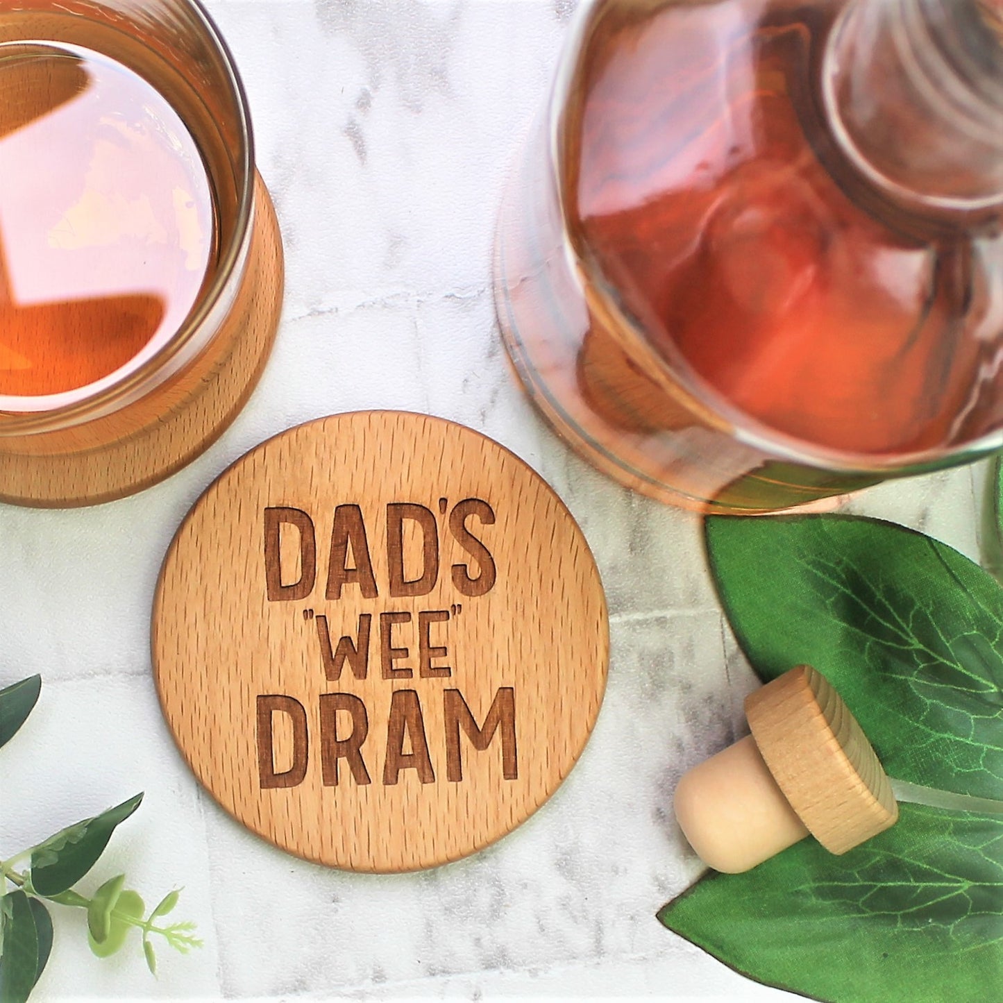 personalised dads wee dram wooden round coaster