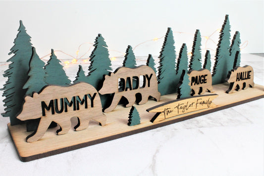 forest scene with wooden bears roaming along, with cut out names in the bears with a surname
